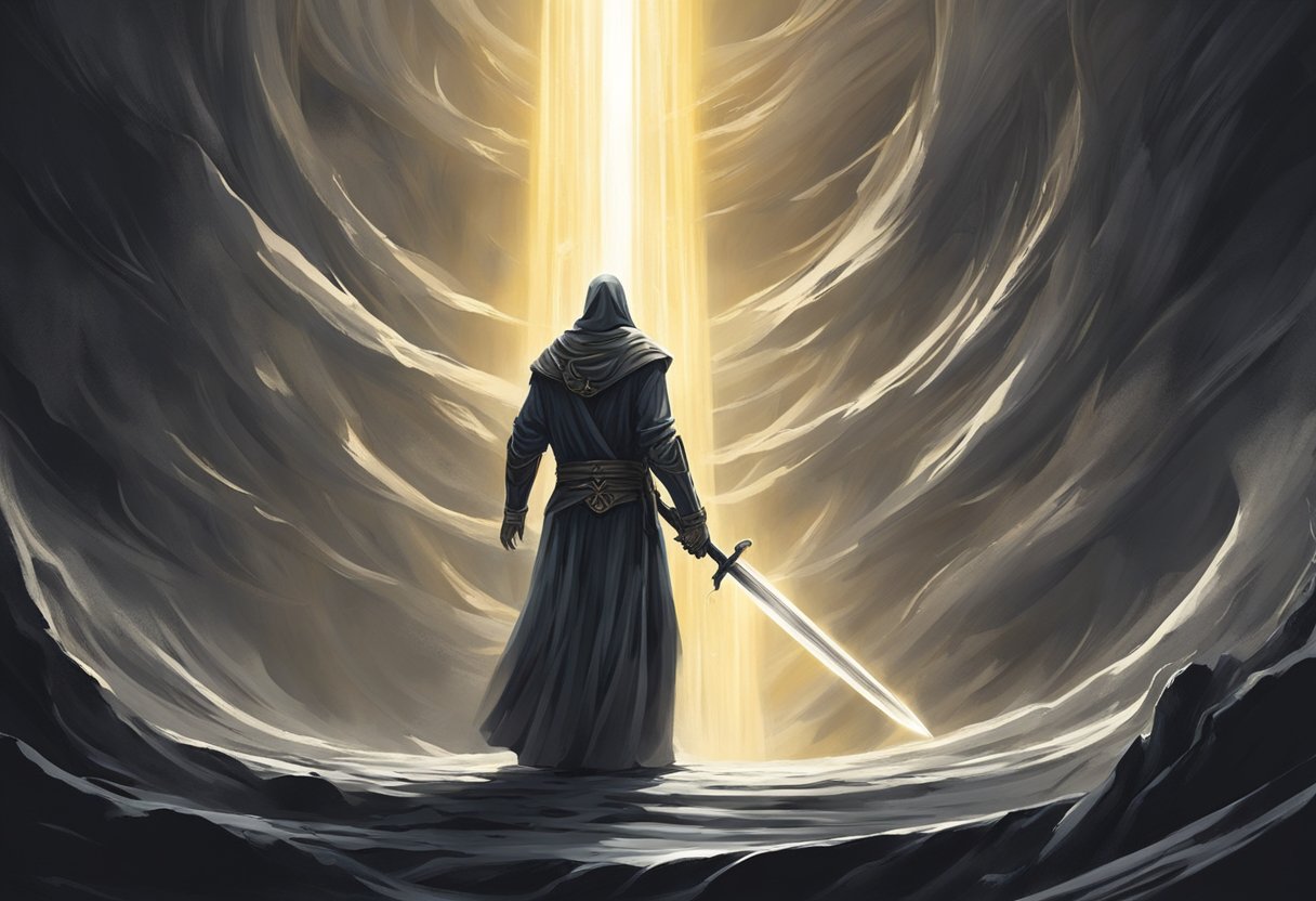 A figure stands in a beam of light, surrounded by swirling dark spirits. They raise a sword of light, casting out the generational curses