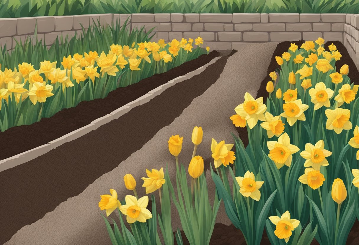 Daffodil and tulip bulbs are placed in a dug trench, with the daffodils planted deeper. The soil is gently packed down, and the area is watered