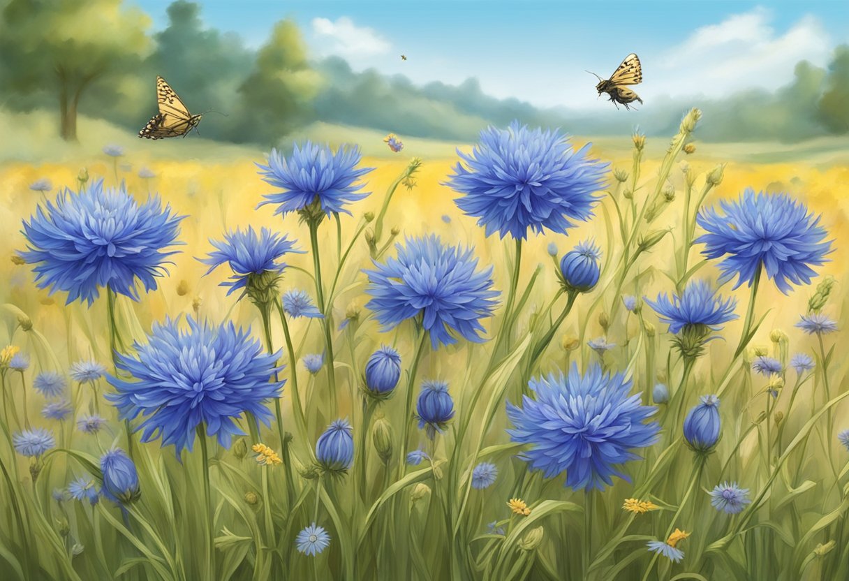 Cornflowers grow in a sunny field with rich, well-drained soil. The tall, slender stems support vibrant blue flowers with delicate petals. Bees and butterflies visit the blooms, while the plants sway gently in the breeze