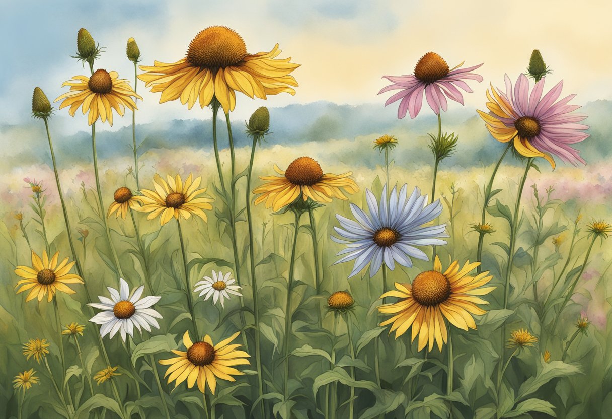 Tall coneflowers reach towards the sky, their sturdy stems standing proudly amidst a field of wildflowers