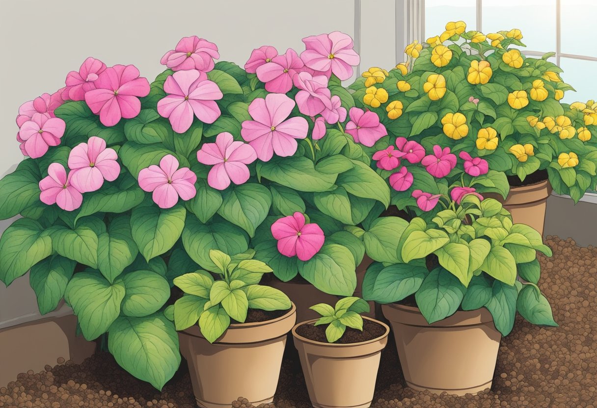 Impatiens in a well-lit area with moist, well-drained soil. Regular deadheading and fertilizing to promote continuous blooming