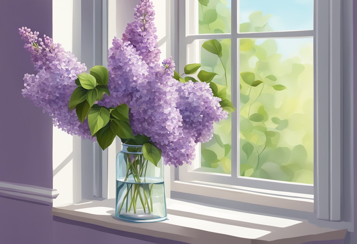Lilacs in a tall vase with fresh water, trimmed stems, and removed leaves. Place in a cool, bright spot away from direct sunlight and drafts