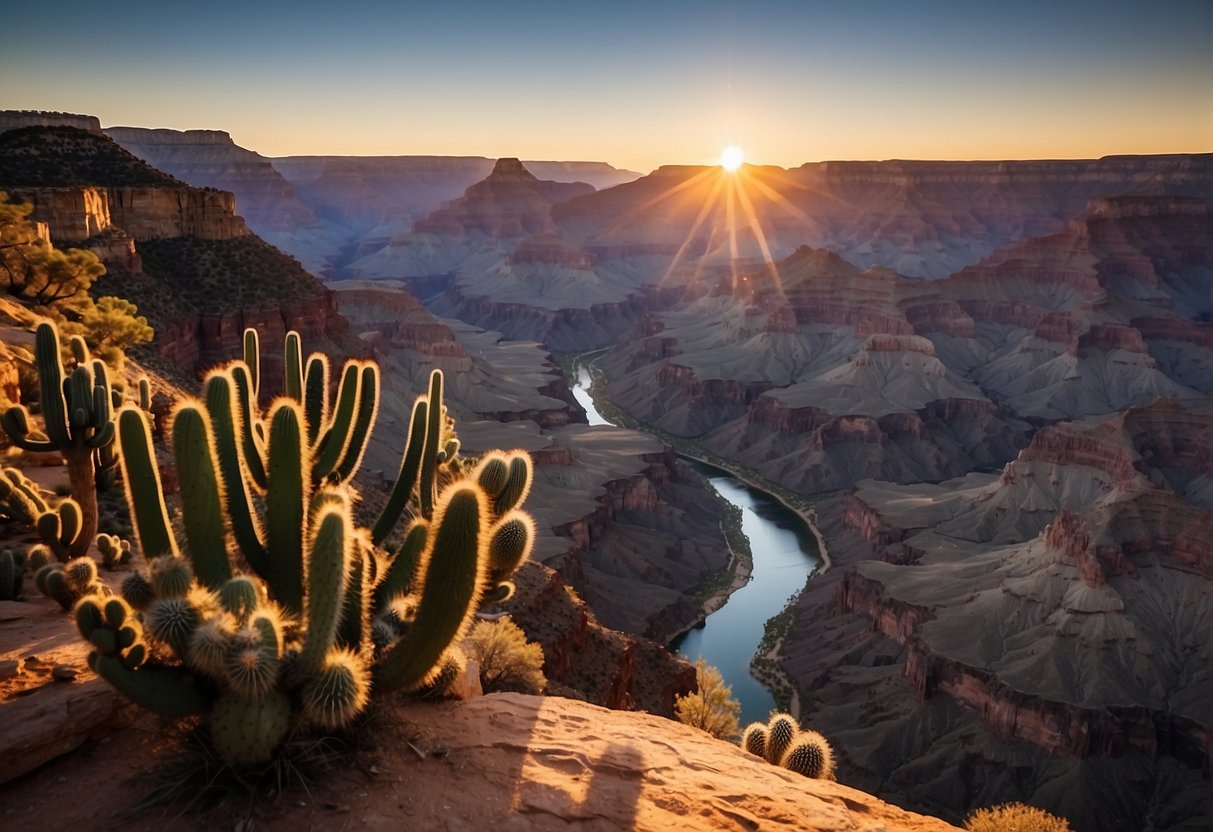 Sunset over the Grand Canyon, with colorful rock formations and a winding river below. Cacti and desert plants dot the landscape, while a clear blue sky stretches overhead