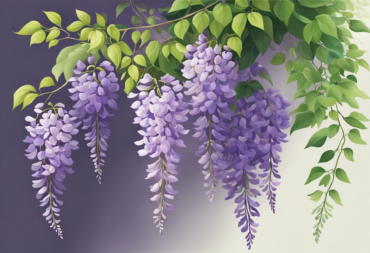 A vibrant wisteria vine blooms, cascading purple flowers in full bloom, with delicate green leaves swaying in the gentle breeze