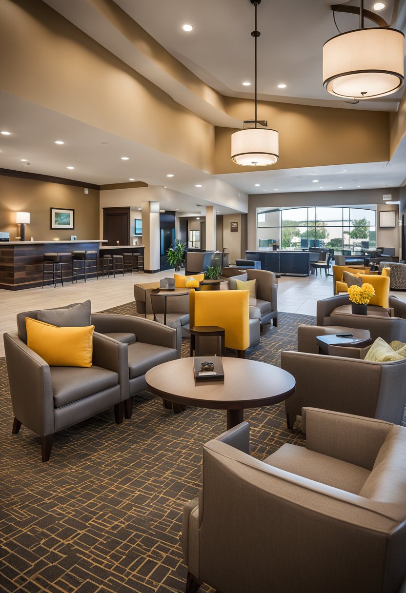 The La Quinta Inn & Suites in Waco features a spacious lobby with modern decor, a cozy fireplace, and comfortable seating areas. A breakfast area offers a variety of options, and a fitness center and outdoor pool provide additional amenities for guests