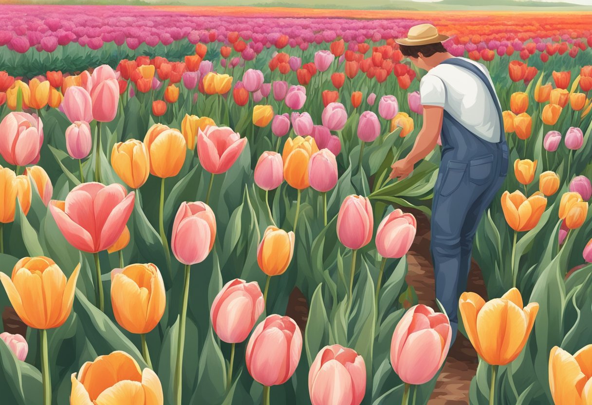 Person selects tulips from garden