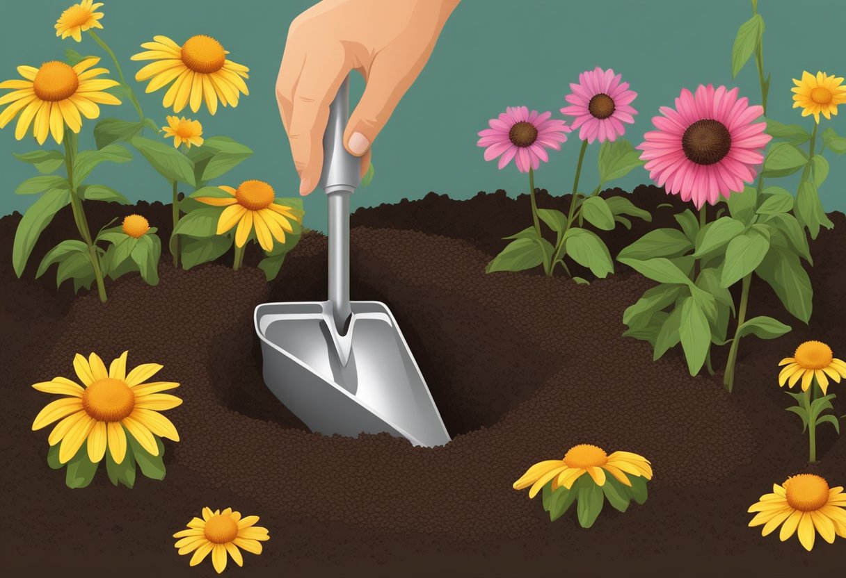A hand trowel digs a small hole in the soil. A coneflower bulb is placed in the hole, covered with soil, and watered