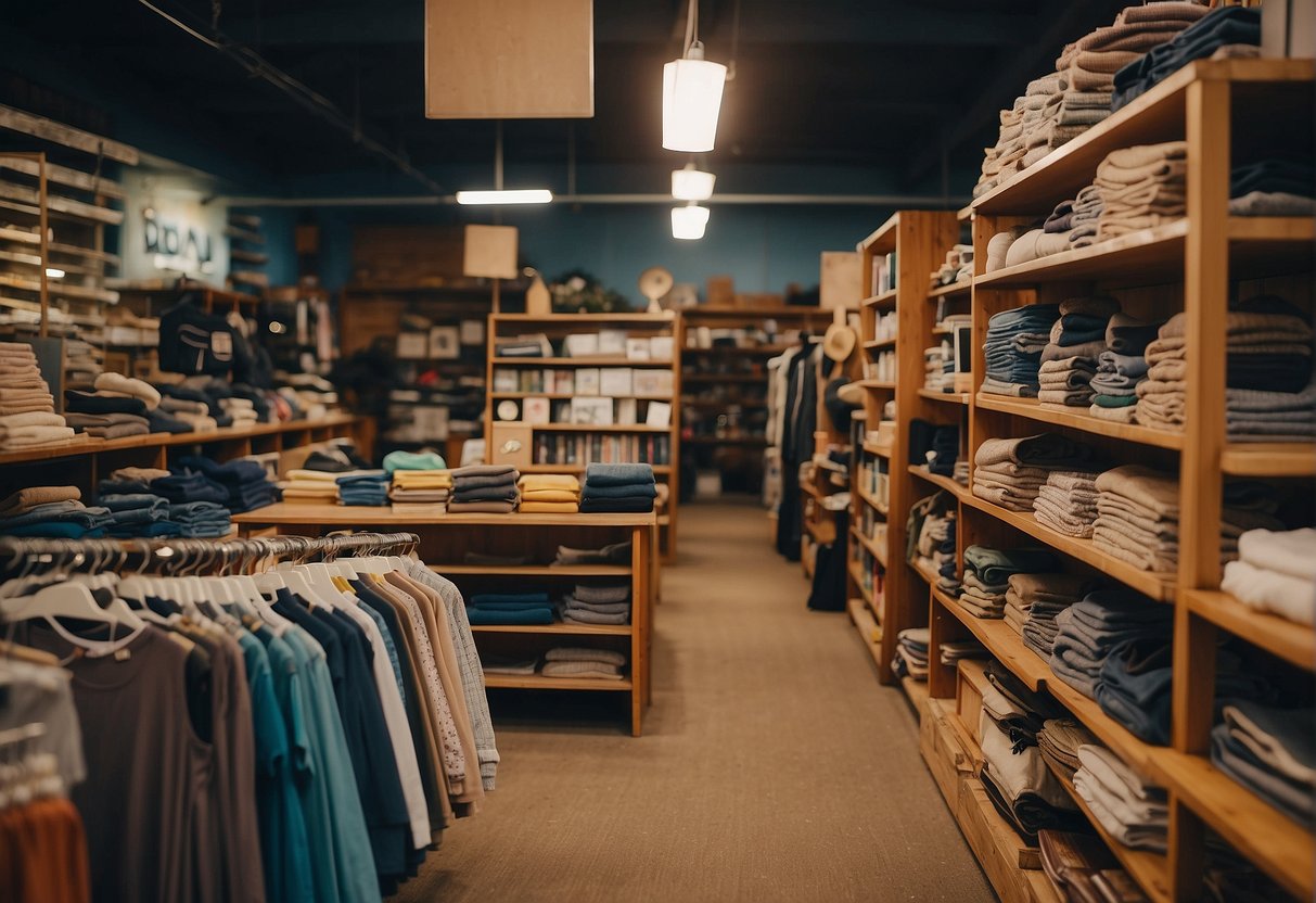The thrift store is filled with neatly organized racks of clothing, shelves of second-hand books, and a display of upcycled home decor. A prominent sign declares the store's commitment to sustainability and zero waste. Embracing the best thrift store in Nashville.