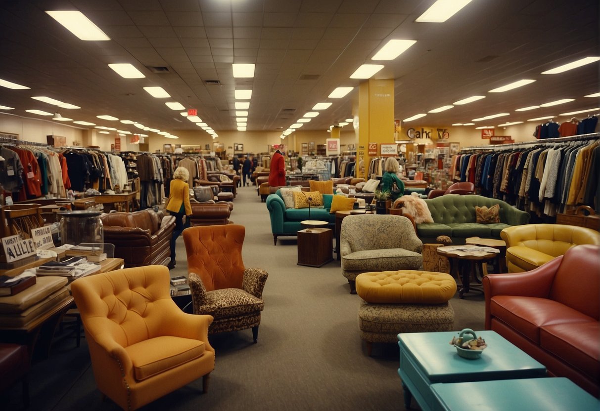 A colorful array of vintage clothing, furniture, and knick-knacks fill the spacious store. Shoppers browse through racks and shelves, finding unique treasures at The Ultimate ThriftSmart Experience in Nashville