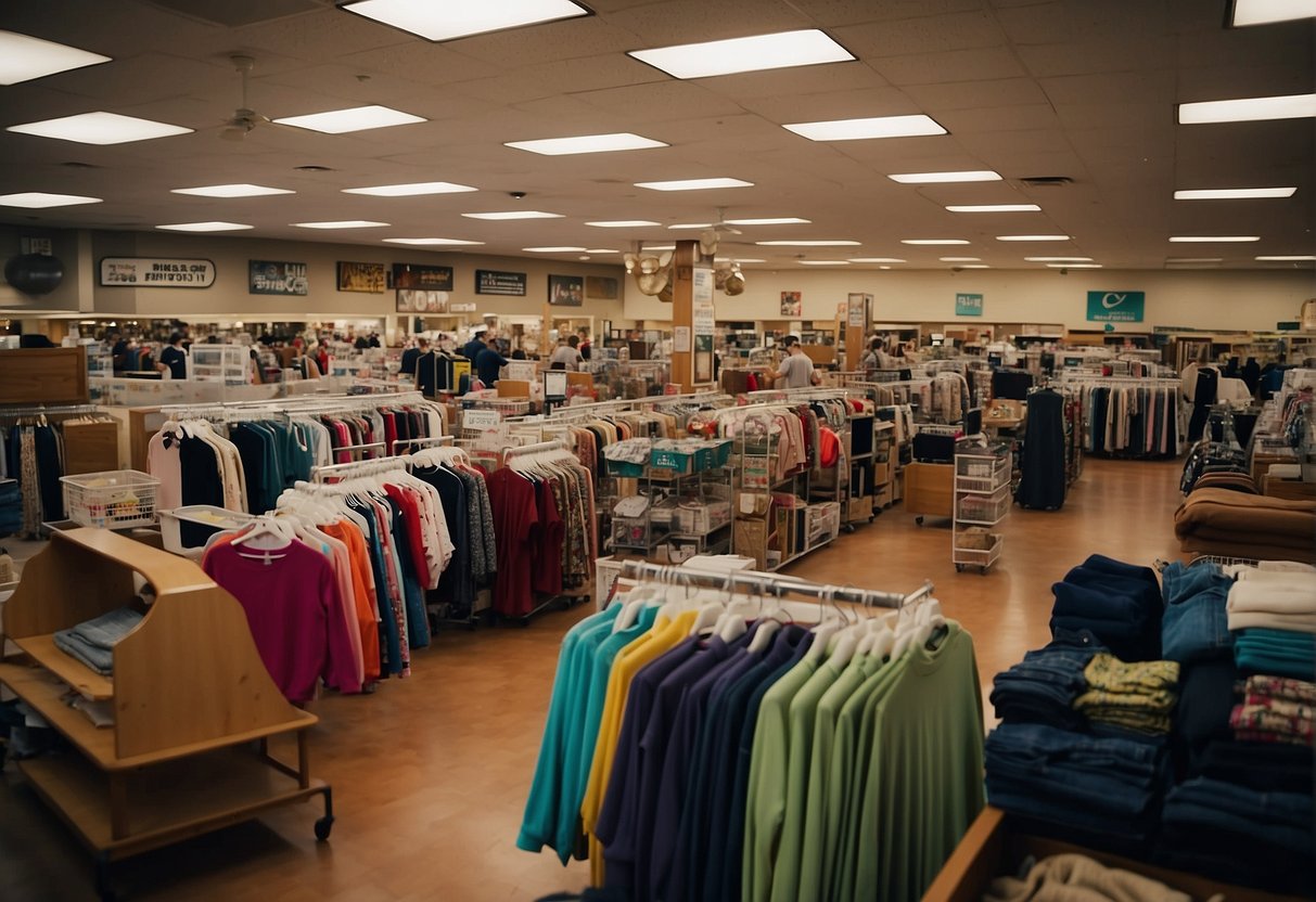 A bustling thrift store in Nashville with a colorful array of clothing, furniture, and household items. Shoppers browse the aisles, and staff organize donations. Embracing the best thrift store in Nashville