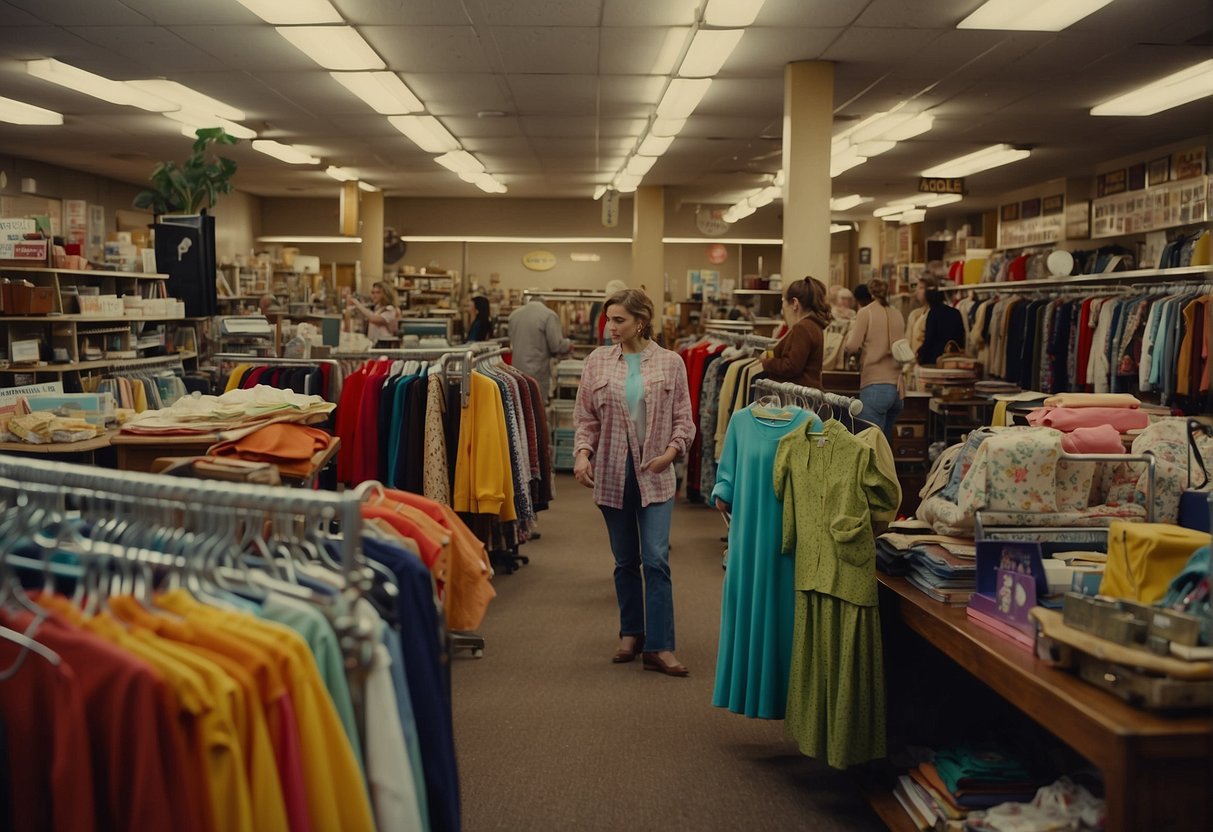 A bustling thrift store in Nashville with racks of colorful clothing, shelves of vintage trinkets, and customers browsing for hidden treasures
