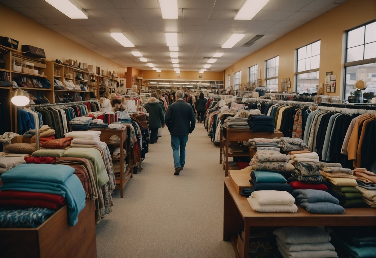 A bustling thrift store in Nashville with racks of clothes, shelves of knick-knacks, and customers browsing for hidden treasures