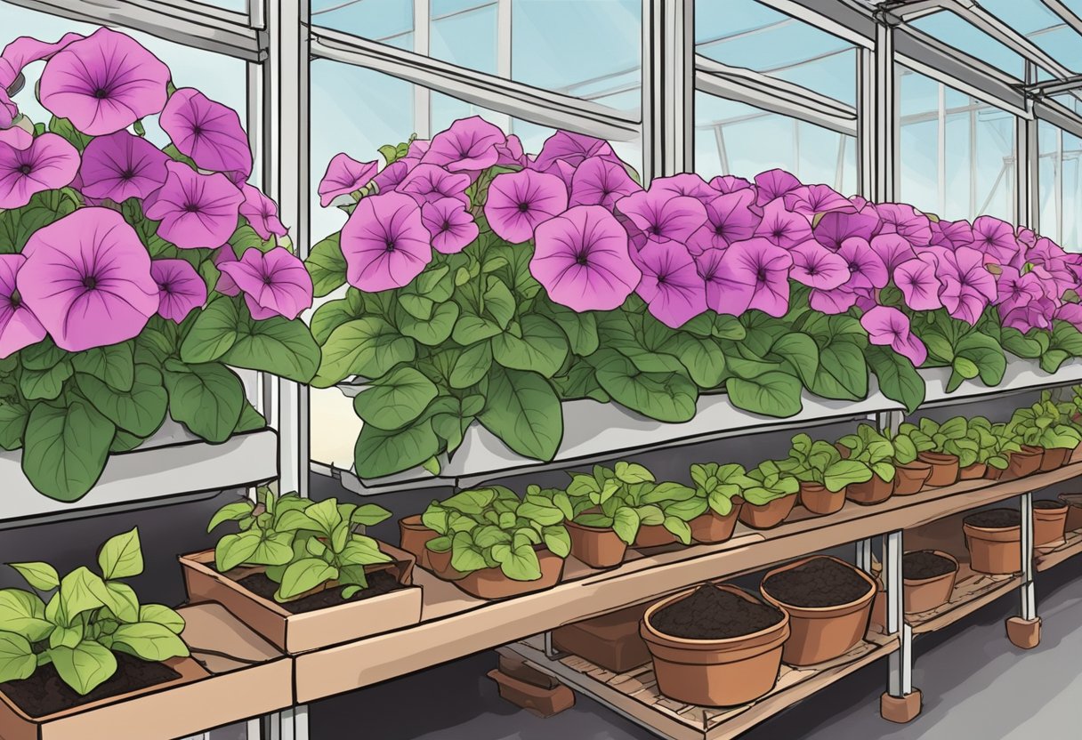 Petunias in pots sit on a shelf inside a greenhouse. Mulch covers the soil to insulate the roots. A small heater provides warmth, while a grow light ensures they receive enough light during the winter months