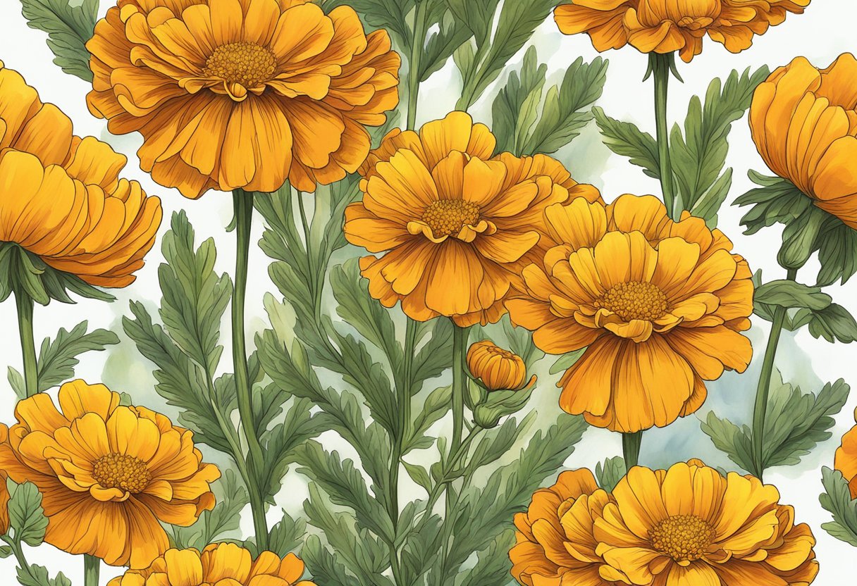 Vibrant marigolds reach towards the sky, their bright orange and yellow petals stretching out in all directions, creating a beautiful and lively display of color and texture
