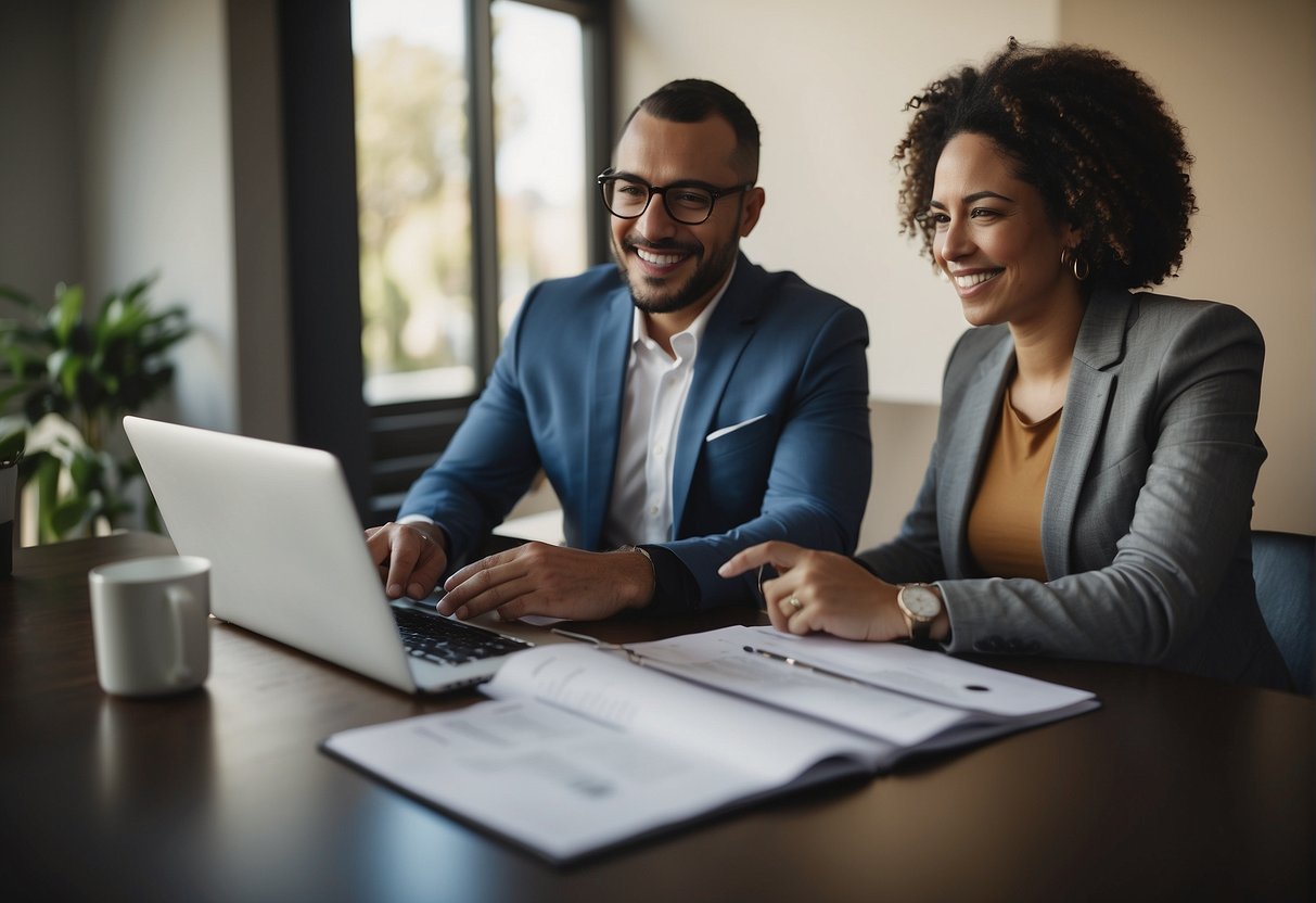 A couple sits at a table, reviewing paperwork with a mortgage broker. A computer screen displays a credit score and loan pre-approval details