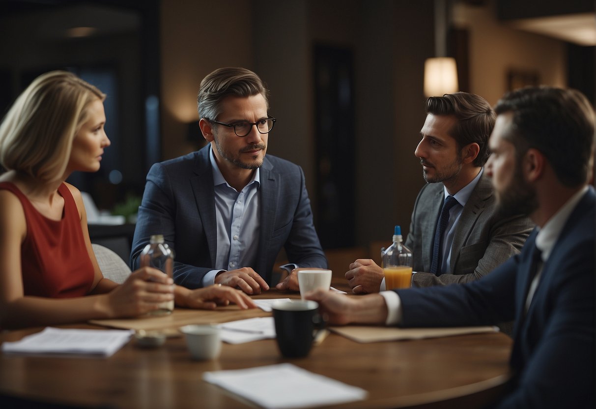 A person sitting at a table, surrounded by serious-looking lenders, discussing options for mortgage payment in a tense atmosphere