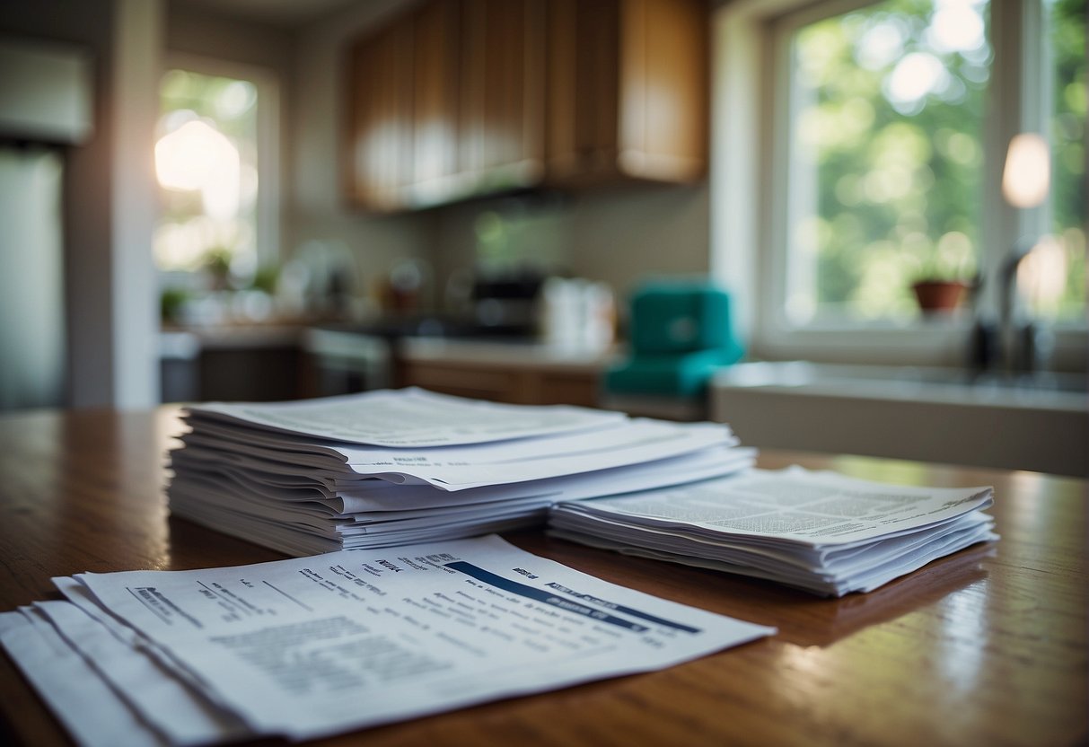 A house with a "For Sale" sign in the front yard, a stack of unpaid bills on the kitchen table, and a worried family looking at their financial documents