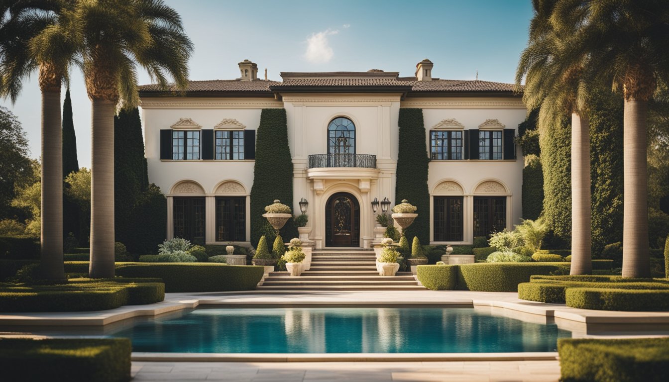A luxurious mansion with a grand entrance, surrounded by lush gardens and a sparkling pool, showcasing opulence and success