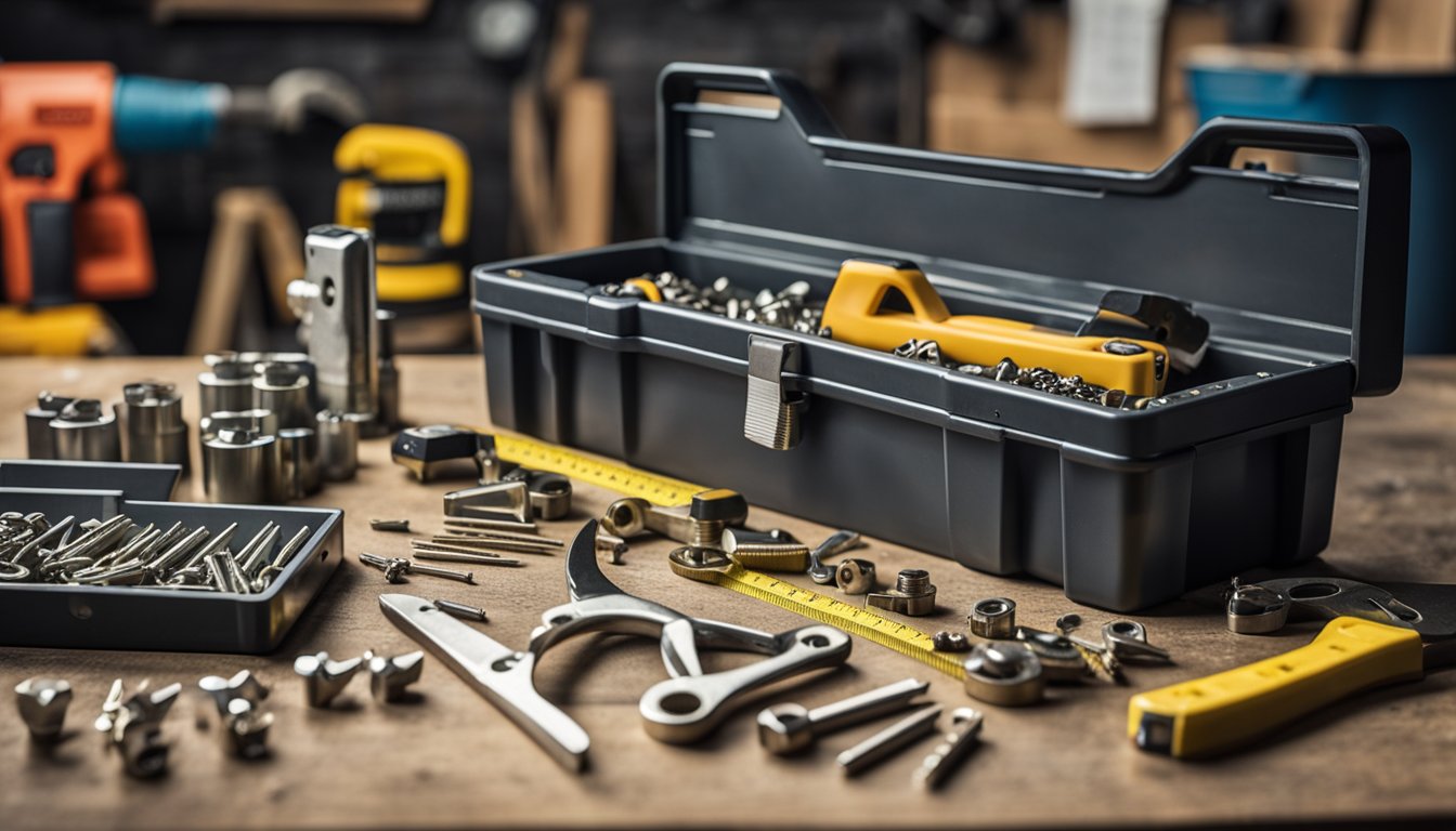A toolbox with assorted tools sits on a workbench, surrounded by scattered screws, nails, and bolts. A tape measure and level lay nearby, indicating the work of a handyman