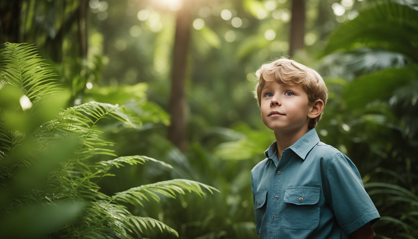 A young Robert Irwin eagerly explores nature, surrounded by wildlife and lush greenery. His passion for animals and the environment is evident in his early years