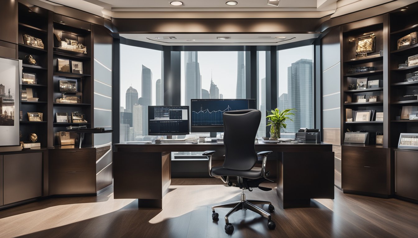 A luxurious office with a large desk, leather chair, and bookshelves filled with awards and memorabilia. A computer screen displays financial charts and graphs