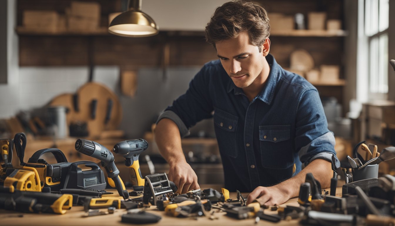 A young Hal fixing household items, tools scattered around. His determination evident as he works on various projects, symbolizing his early life and career as a handyman