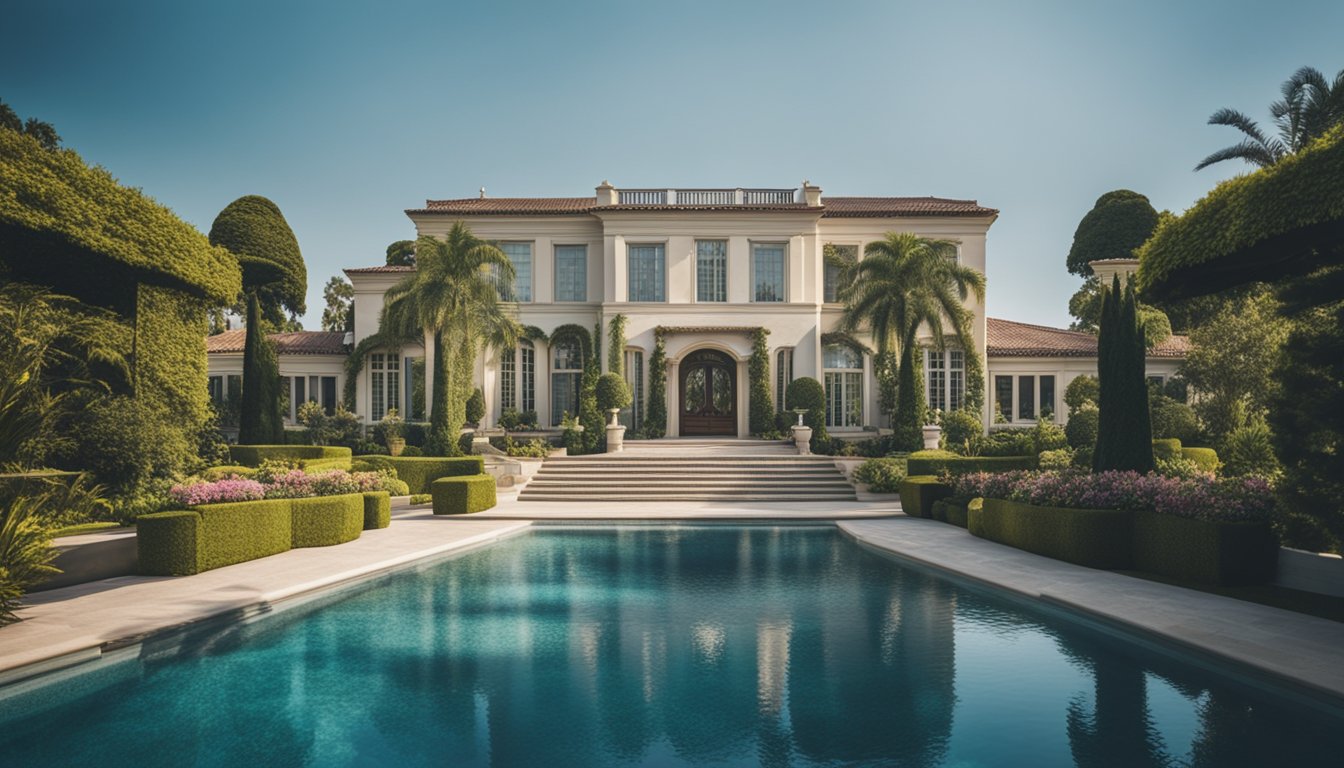 A luxurious mansion with a grand entrance, surrounded by lush gardens and a sparkling swimming pool, exuding opulence and wealth