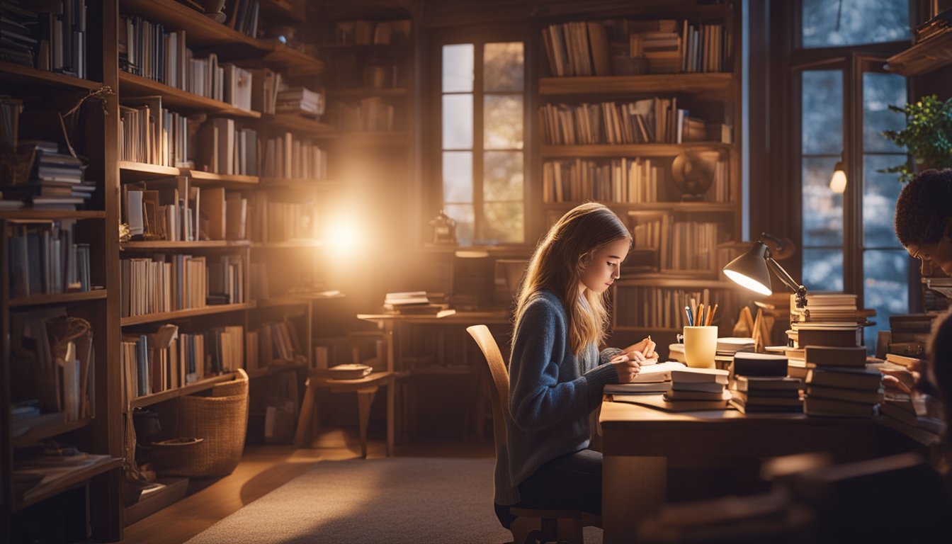 A young girl studies diligently in a cozy room filled with books and art supplies, dreaming of her future success