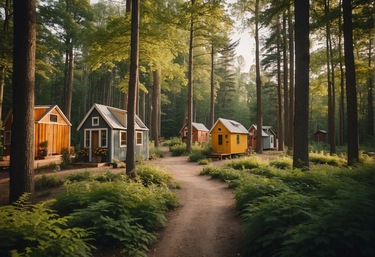 A cluster of colorful tiny homes nestled among towering trees in a serene Michigan forest. A winding path connects the homes, and a communal garden adds a pop of greenery to the scene