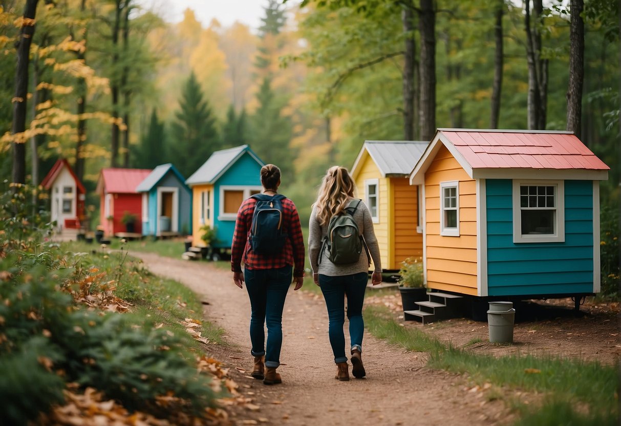 People walk among colorful tiny homes in a wooded Michigan community