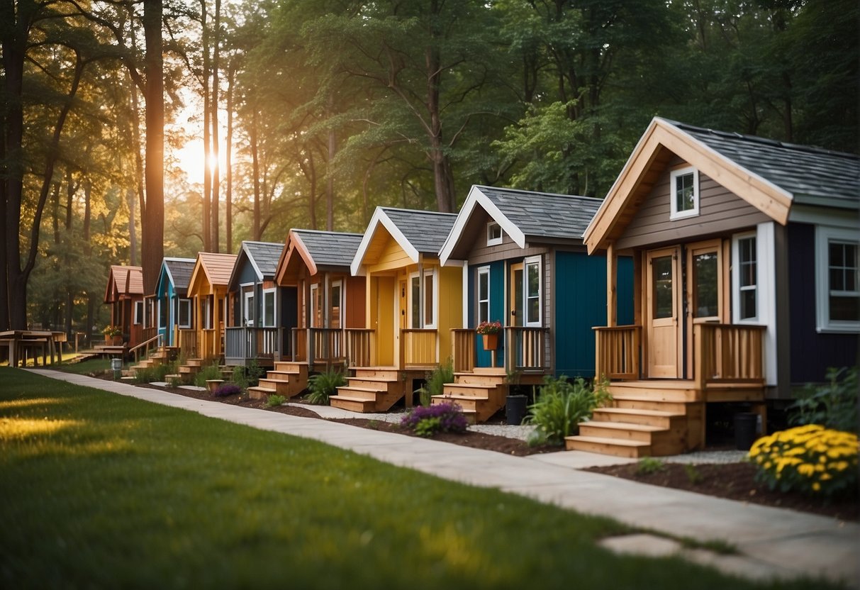 A row of colorful tiny homes nestled among trees, with communal gardens and a central gathering area in a Michigan tiny home community