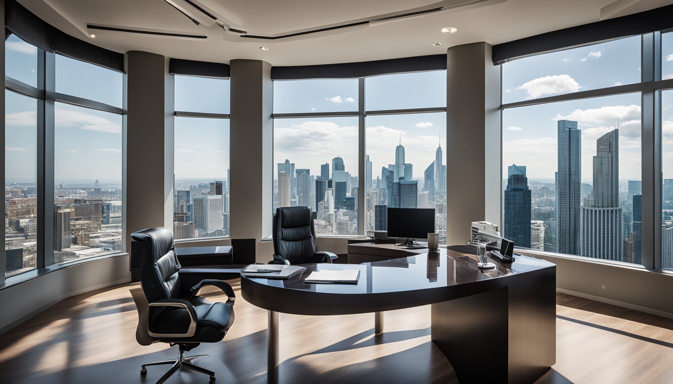 A luxurious office with a grand desk, leather chair, and a large window overlooking a city skyline. A wall-mounted display shows financial data and the name "Carl Allen" prominently displayed