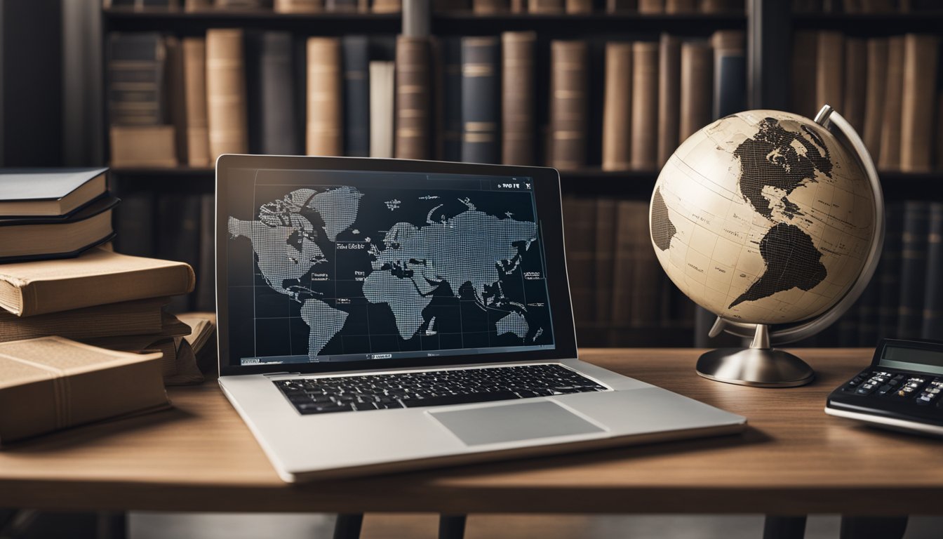 A desk with a laptop, financial documents, and a calculator. A bookshelf filled with business books and a framed diploma. A globe and a world map on the wall