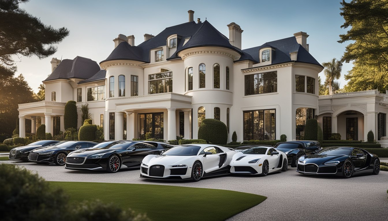 A luxurious mansion with a sprawling garden and a fleet of luxury cars parked outside, symbolizing Cailey Fleming's net worth