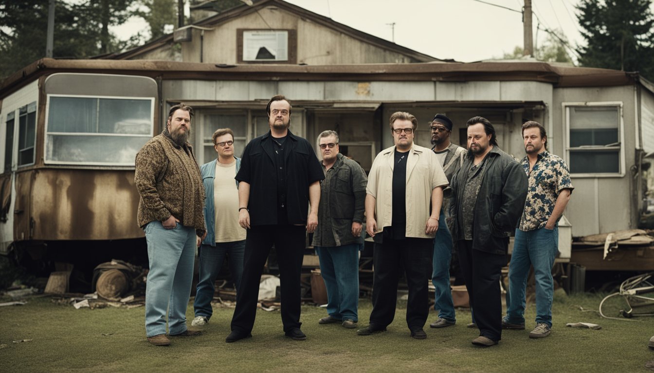 The main cast of Trailer Park Boys stand in front of a rundown trailer park, surrounded by dilapidated homes and cluttered yards