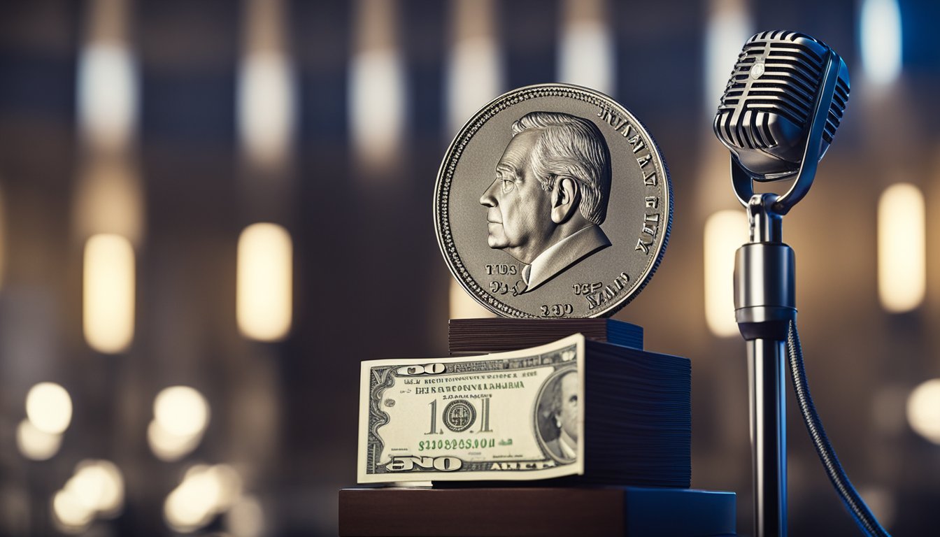 Dan Rather's net worth depicted with a stack of money, a prestigious award, and a microphone symbolizing his successful career in journalism