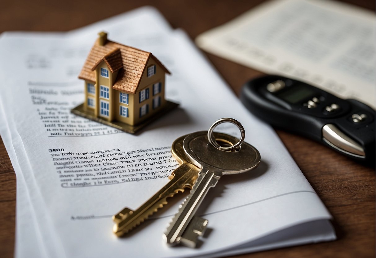 A home insurance policy sits on a desk alongside a settlement agreement and a set of keys, symbolizing the role of insurance in the settlement process