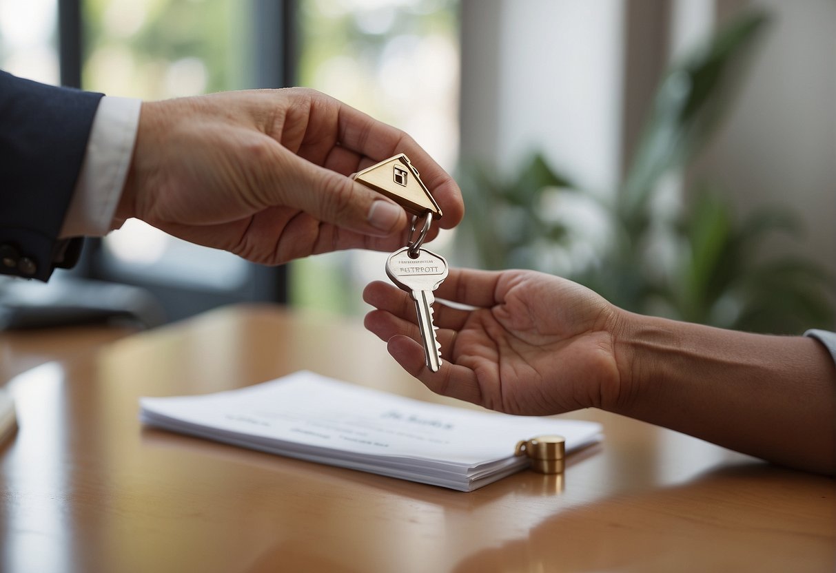 A house key being handed over to a new homeowner with an insurance policy document in the background
