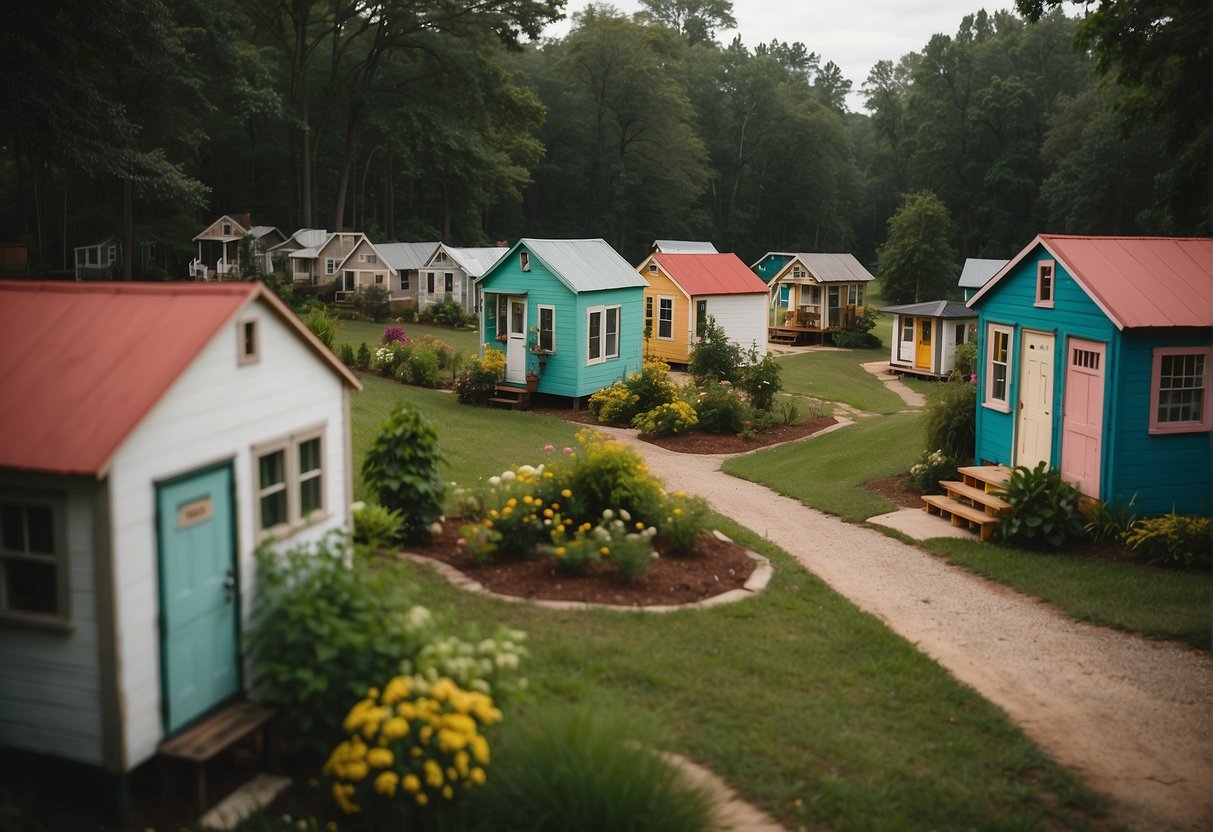 A cluster of colorful tiny homes nestled among lush green trees in a Mississippi community