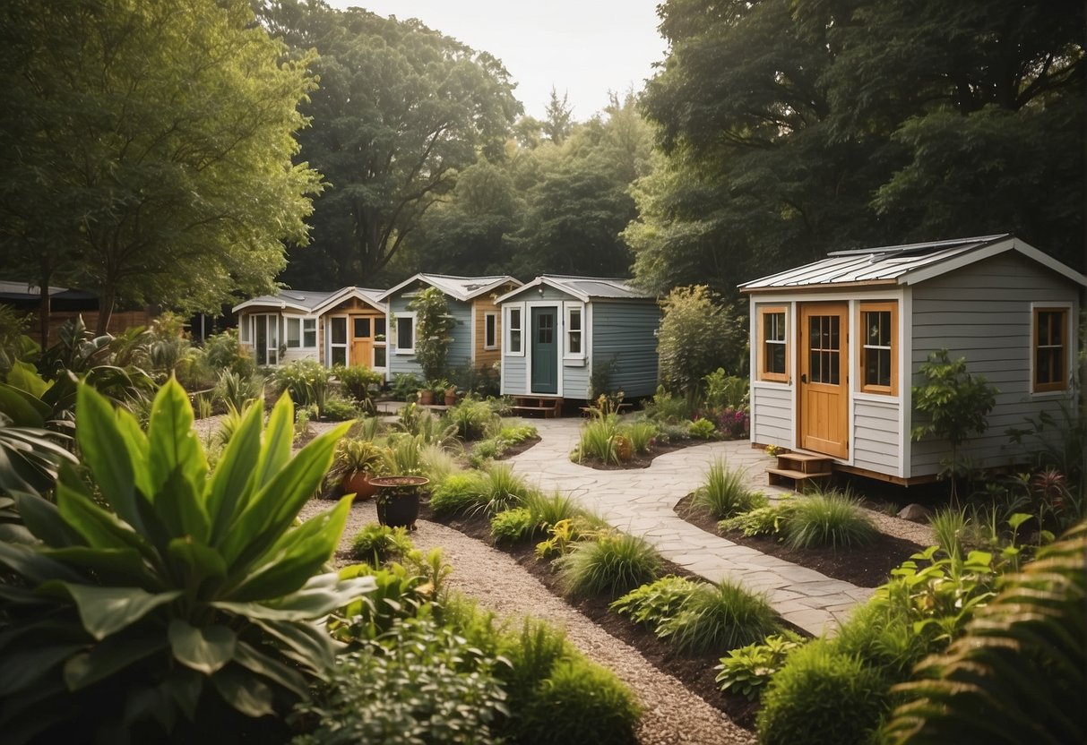 Tiny homes nestled among lush greenery, with communal gardens and gathering spaces. Residents enjoying a sense of community and simplicity, but facing limited space and potential zoning challenges