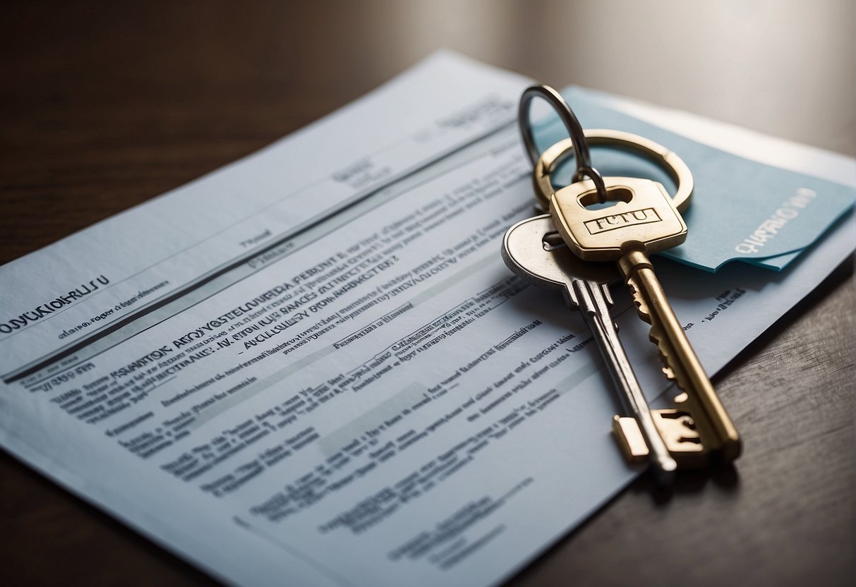 A house key and a contract document on a table with a "Frequently Asked Questions: Do I need home insurance before settlement?" highlighted