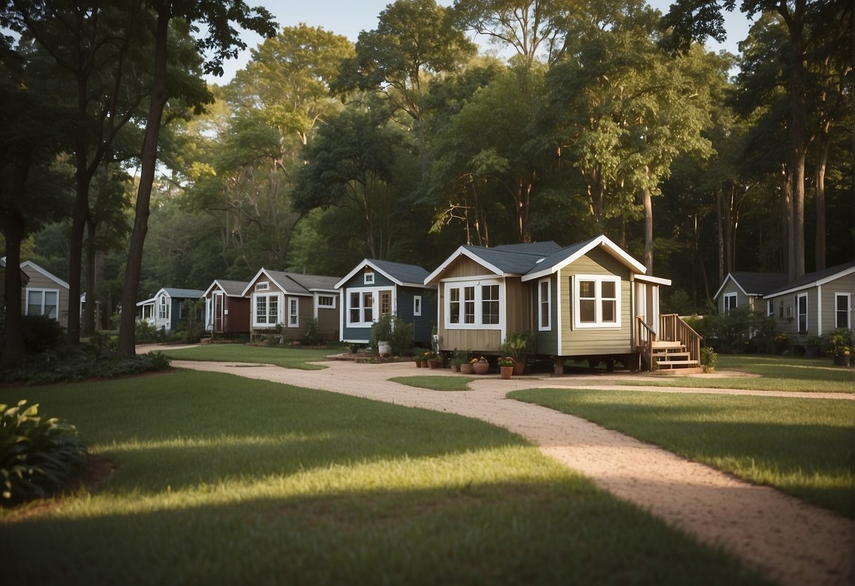 A cluster of tiny homes nestled among lush green trees in a serene Mississippi community, with a central gathering space and small pathways weaving through the neighborhood