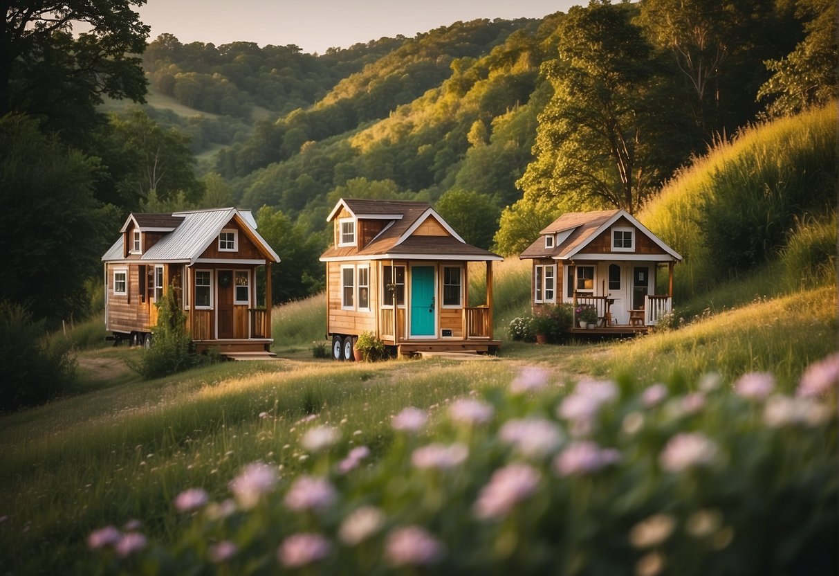 A cluster of tiny homes nestled among the rolling hills of Missouri, surrounded by lush greenery and blooming wildflowers. Each home is uniquely designed and adorned with colorful gardens and cozy front porches