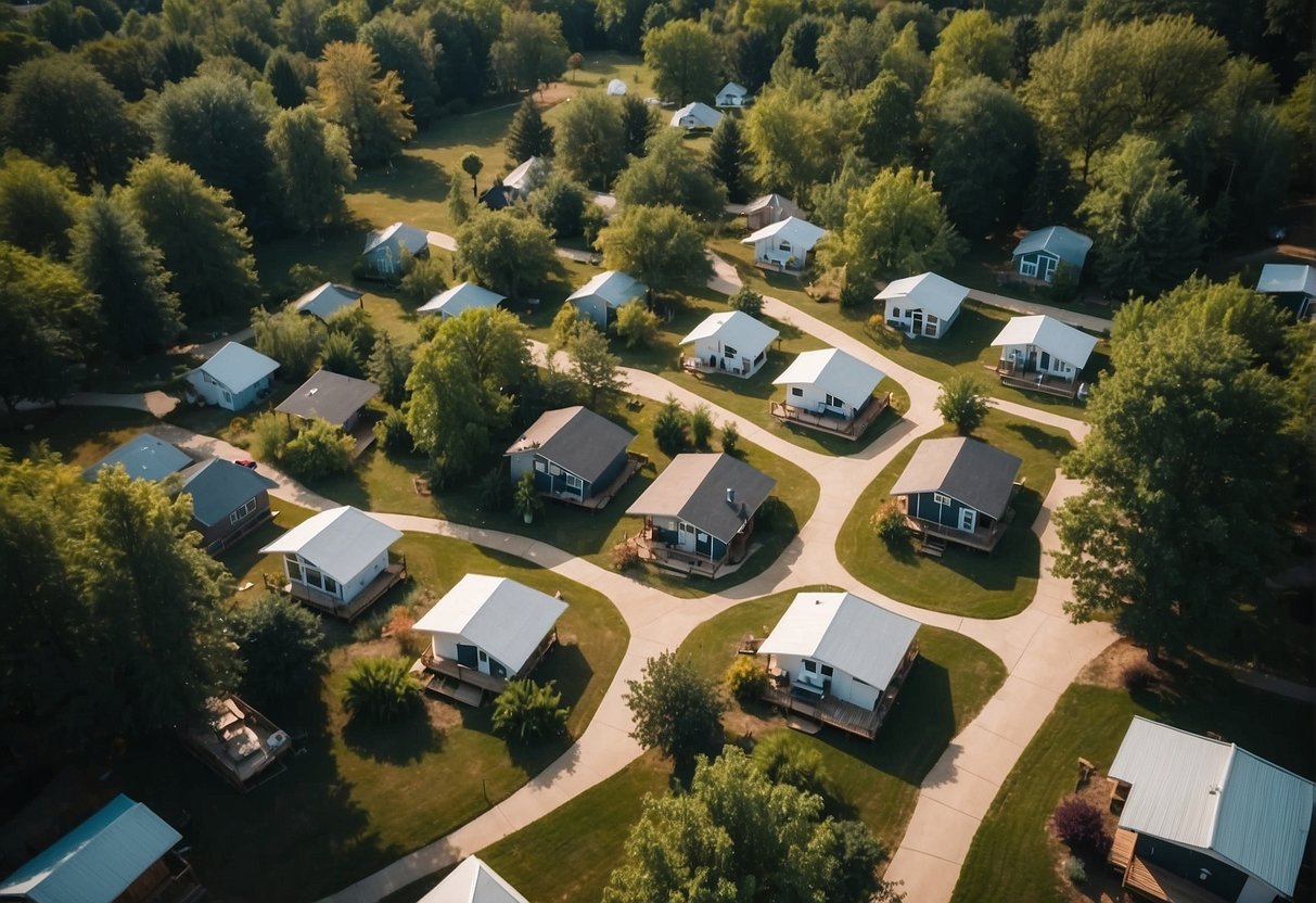 Aerial view of clustered tiny homes in Missouri, surrounded by trees and communal spaces
