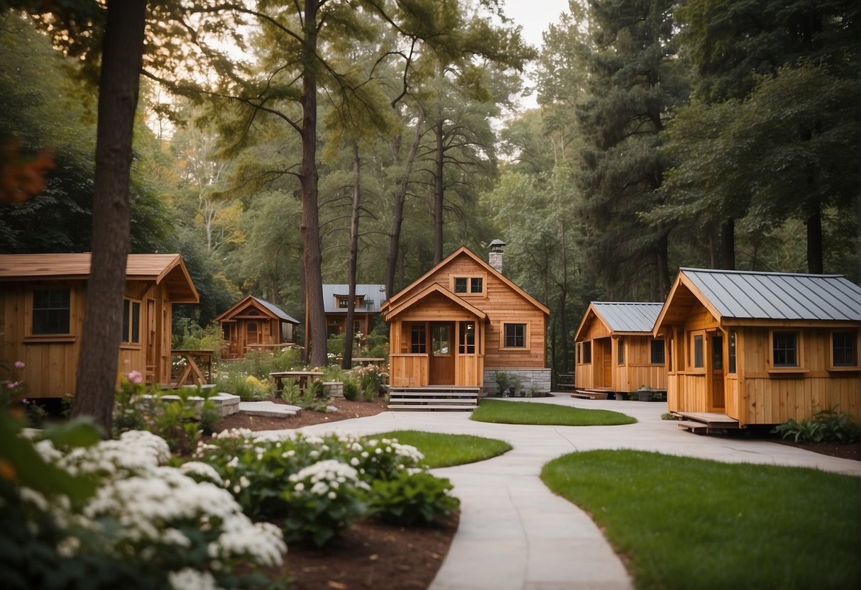 A cluster of tiny homes nestled in a wooded area, with communal gardens, a central gathering space, and winding pathways