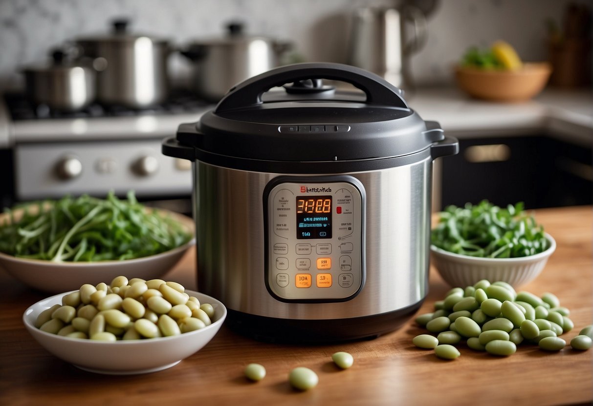 Lima beans cook in the Instant Pot, steam rising from the pot, lid on, timer set