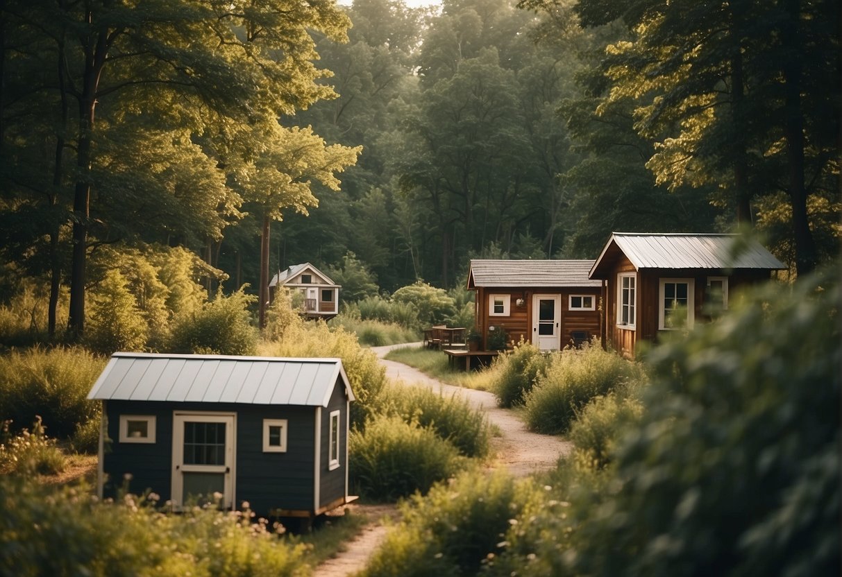 A cluster of tiny homes nestled among trees in a serene Missouri landscape, with communal spaces and pathways connecting the small, vibrant community