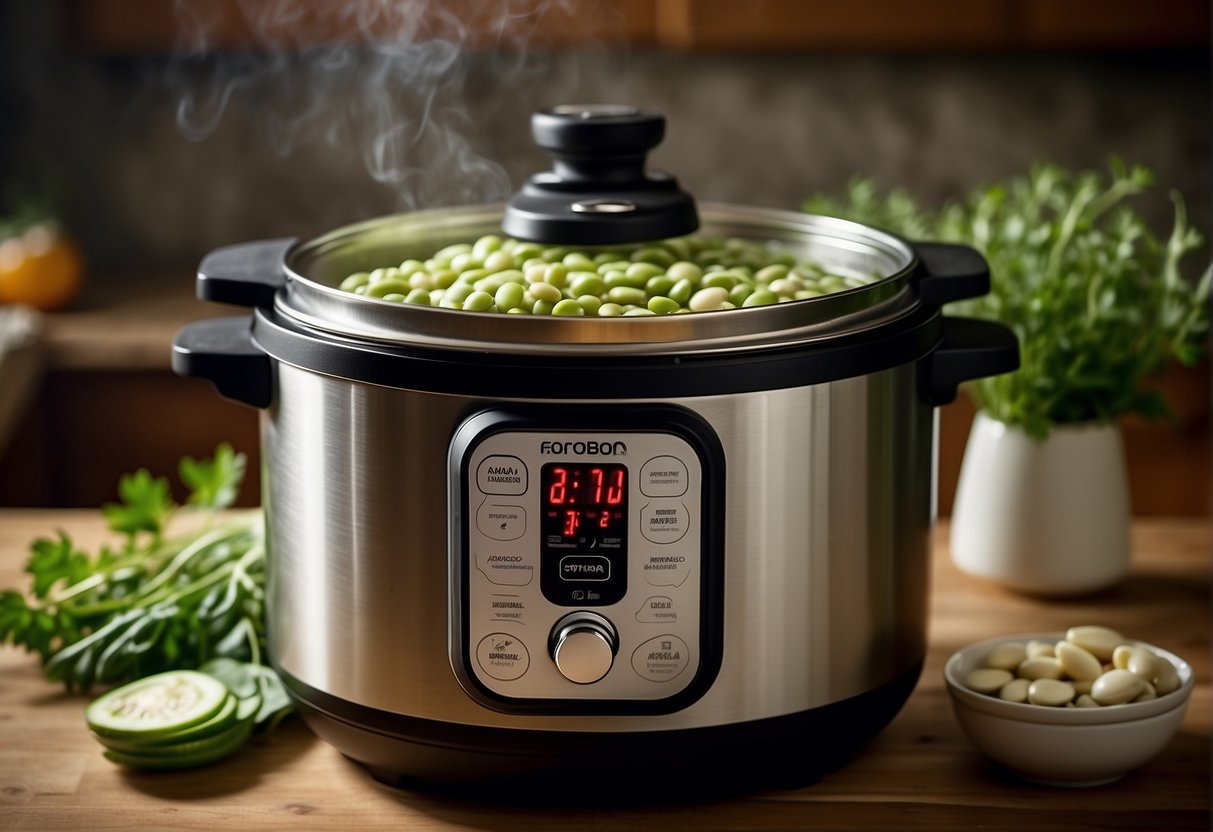 Lima beans cooking in an Instant Pot, steam rising, lid ajar, surrounded by seasonings and herbs