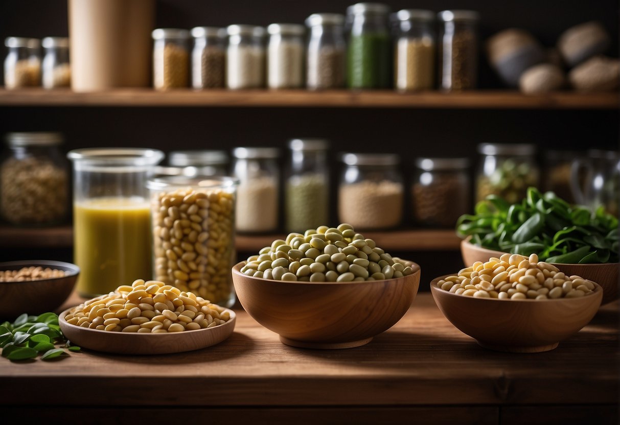 A hand reaches for a bag of dried lima beans on a pantry shelf, with an instant pot and various other ingredients laid out on the counter