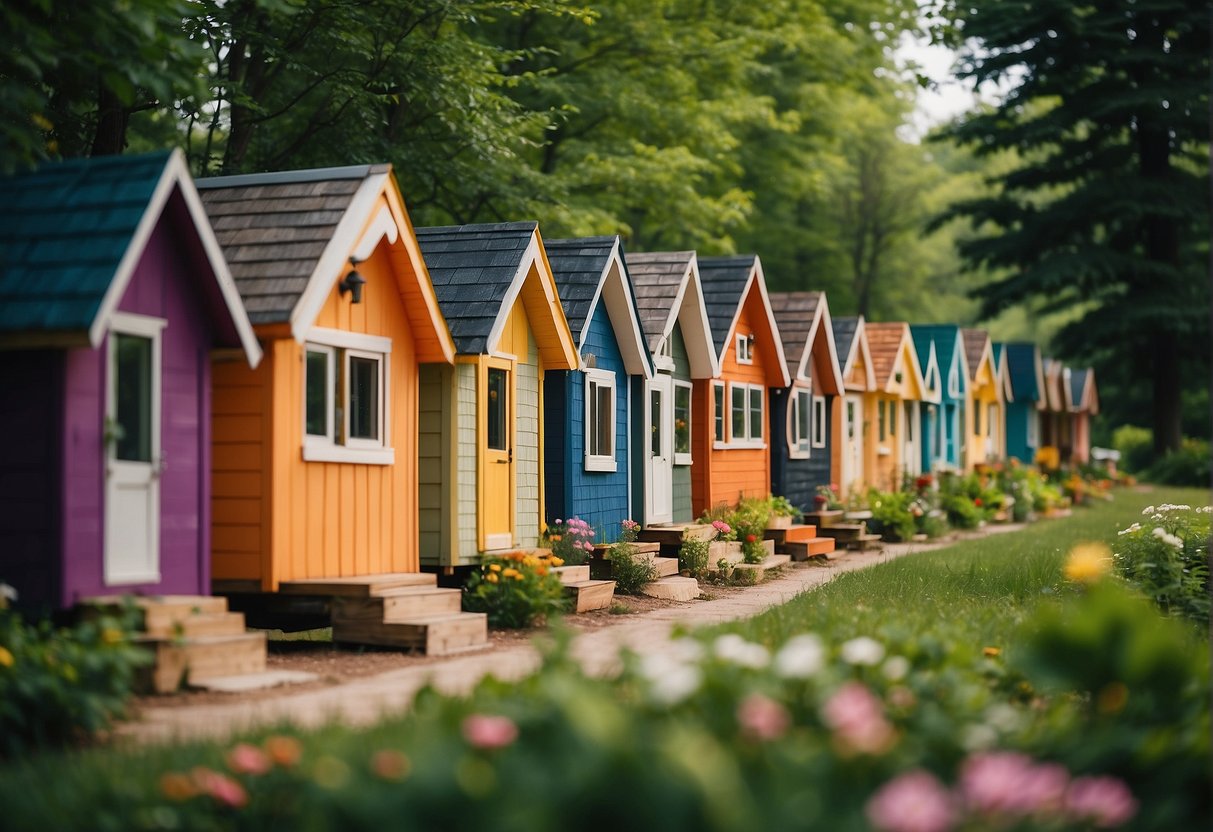 A row of colorful tiny homes nestled among lush green trees in a Minnesota community